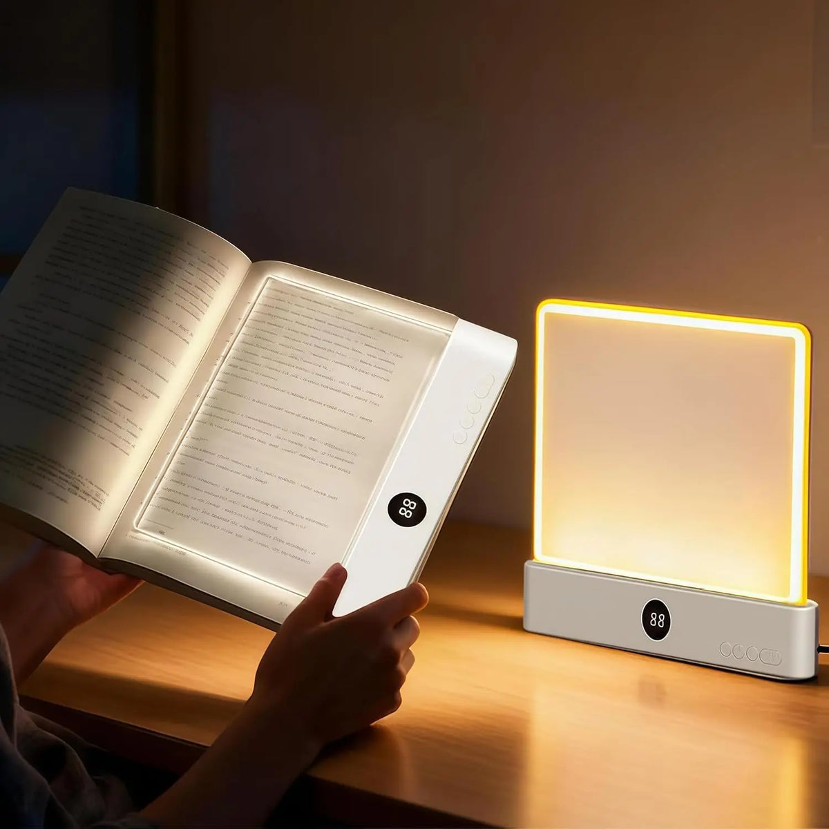 Lámpara de lectura LED plana iluminando un libro